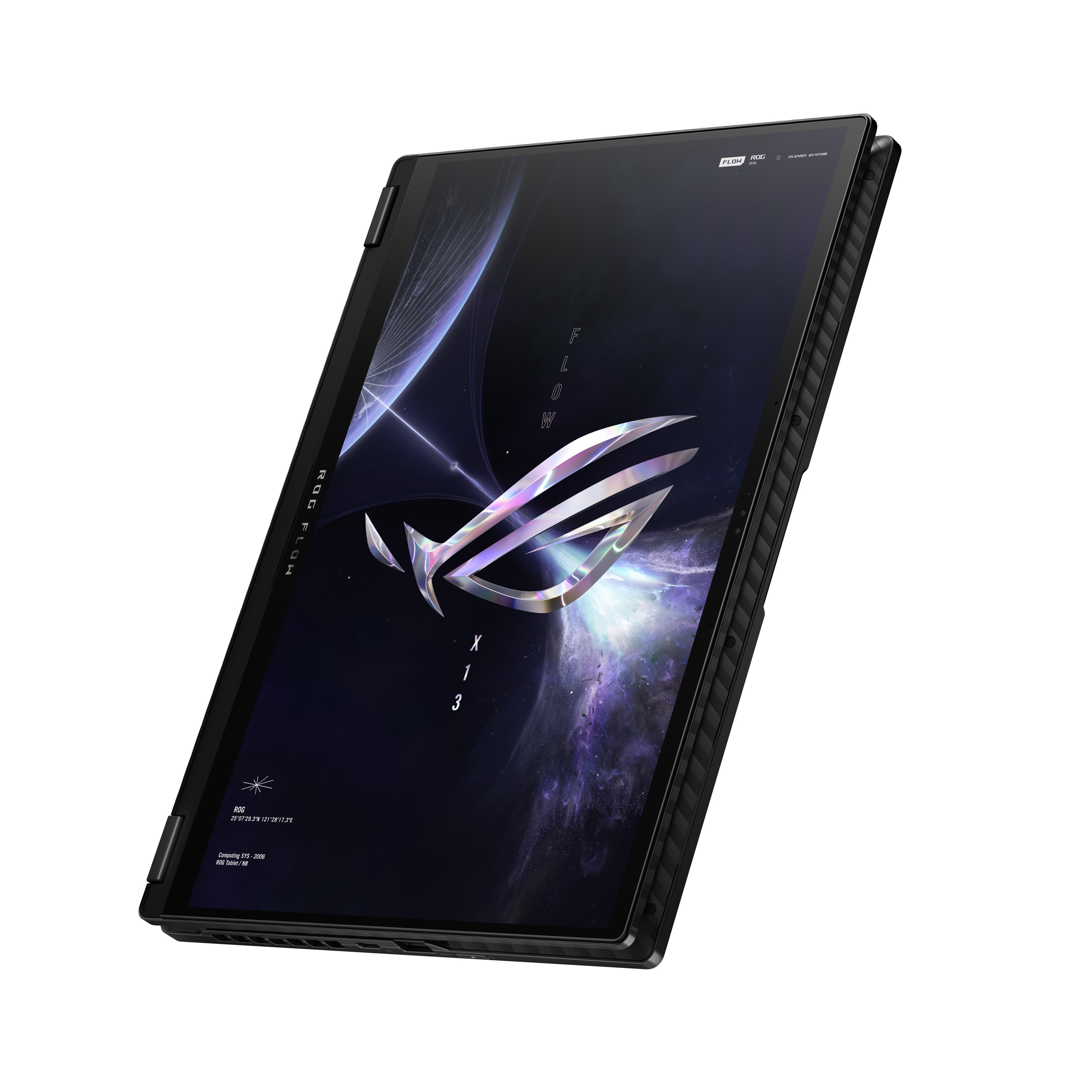 Schwarzes Tablet mit ROG-Logo, zeigt digitales Kunstbild auf dem Bildschirm.