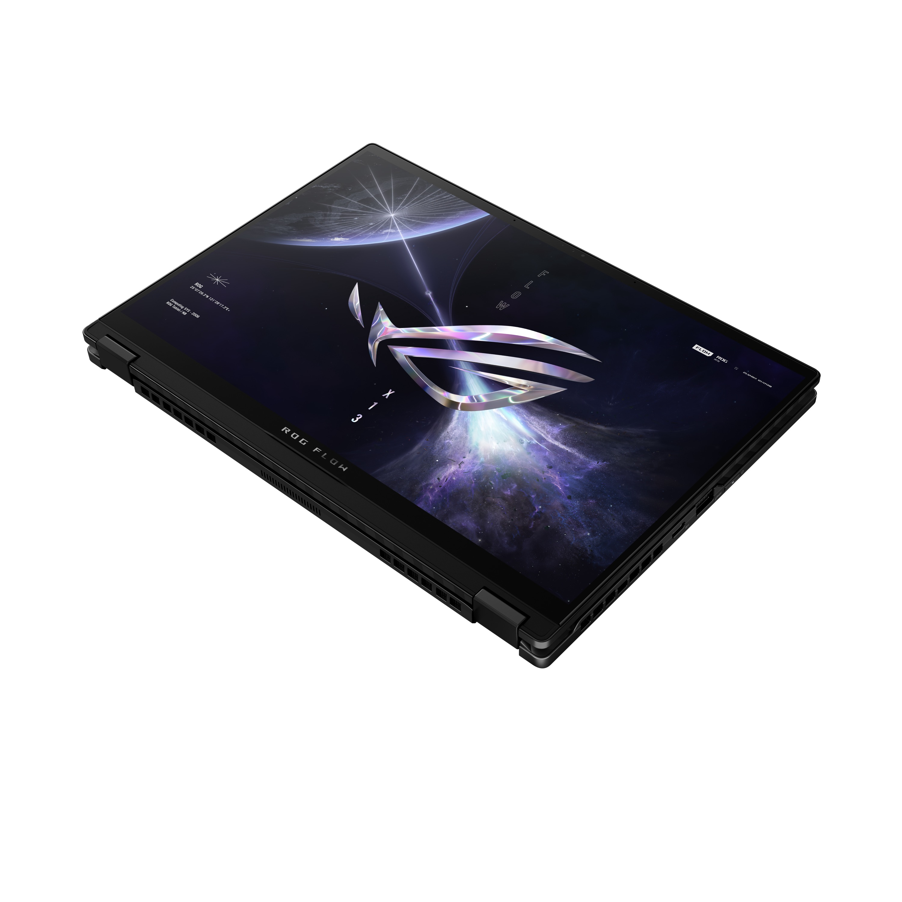 Ein schwarzer Laptop wird geöffnet gezeigt. Der Bildschirm zeigt eine farbenfrohe Grafik. Der Hintergrund ist weiß.