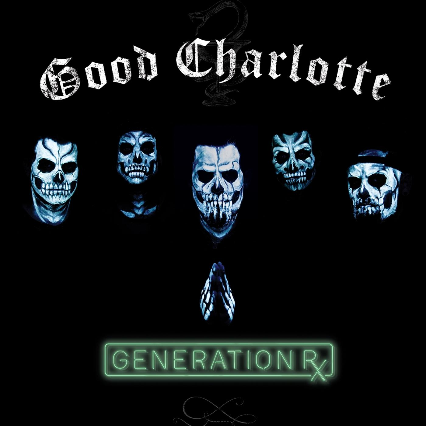 Good Charlotte album borító. Koponyaarcok és kezek. Fekete háttér neon szöveggel.