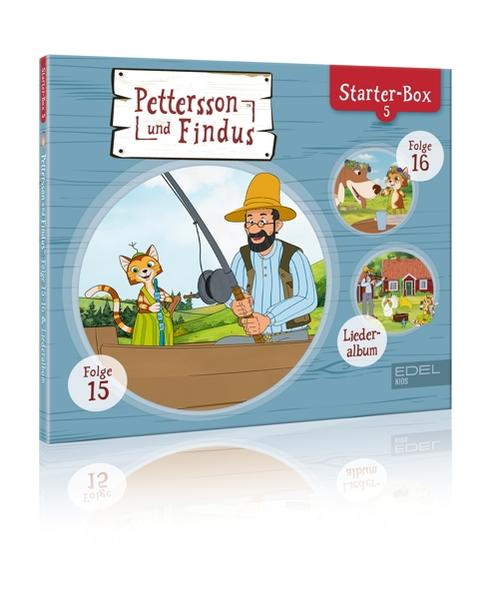 Cartoon-Box-Set mit Katze und Mann beim Angeln auf einem Boot, mit Illustration von Haus und Tieren.