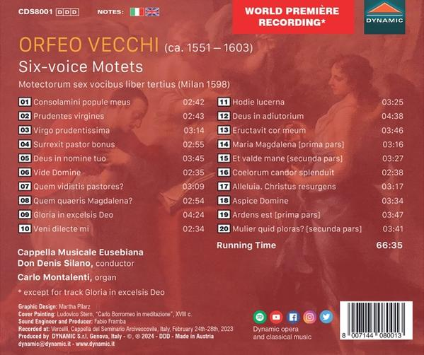 CD-Cover mit Notenliste für Orfeo Vecchis Motetten, mit Bild im Hintergrund.