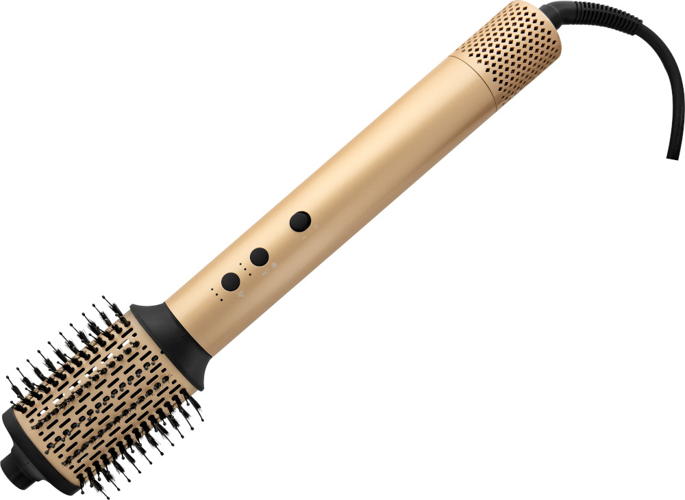 Styler brosse à cheveux doré. Soies et commandes noires. Cordon d'alimentation noir attaché.