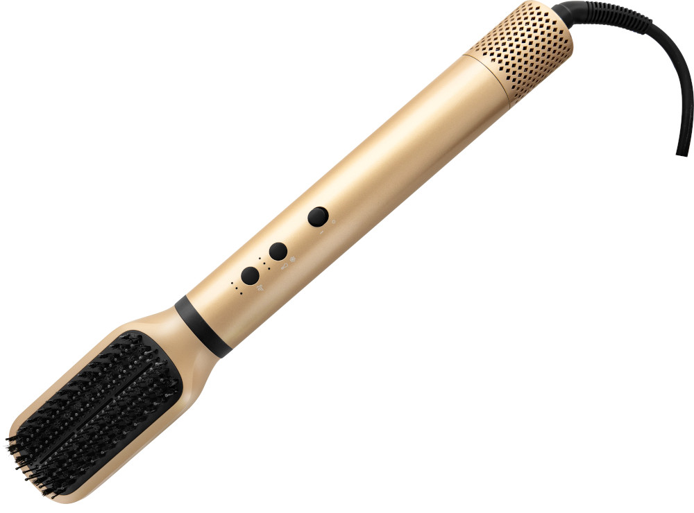Une brosse lissante dorée avec une poignée et des poils noirs.
