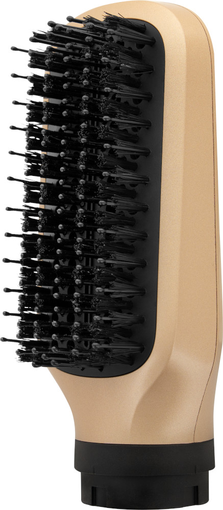 Brosse à cheveux beige avec des poils noirs. Vue en angle. Base de la poignée noire. Fond blanc.