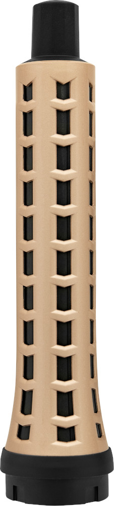 Garde-main de fusil beige et noir, vue verticale. Le garde-main a des découpes rectangulaires et est sur fond blanc.
