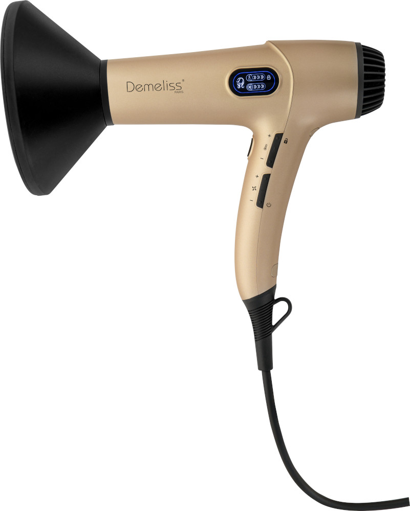 Gouden haardroger met zwarte mond, zijbediening en zwart snoer. Merk: Demeliss.