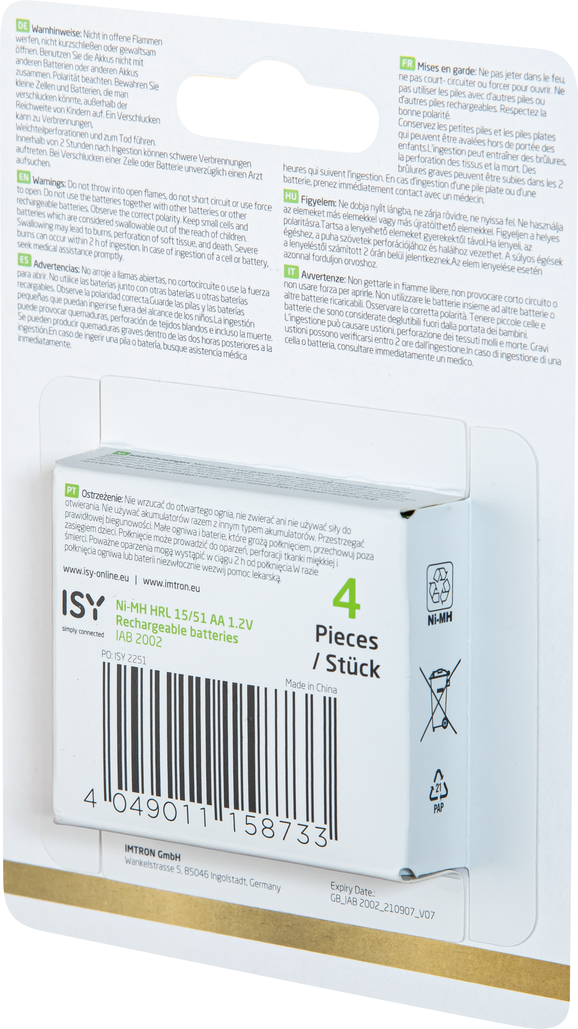 Emballage de batterie avec avertissements. Texte en plusieurs langues. Fond blanc et vert.