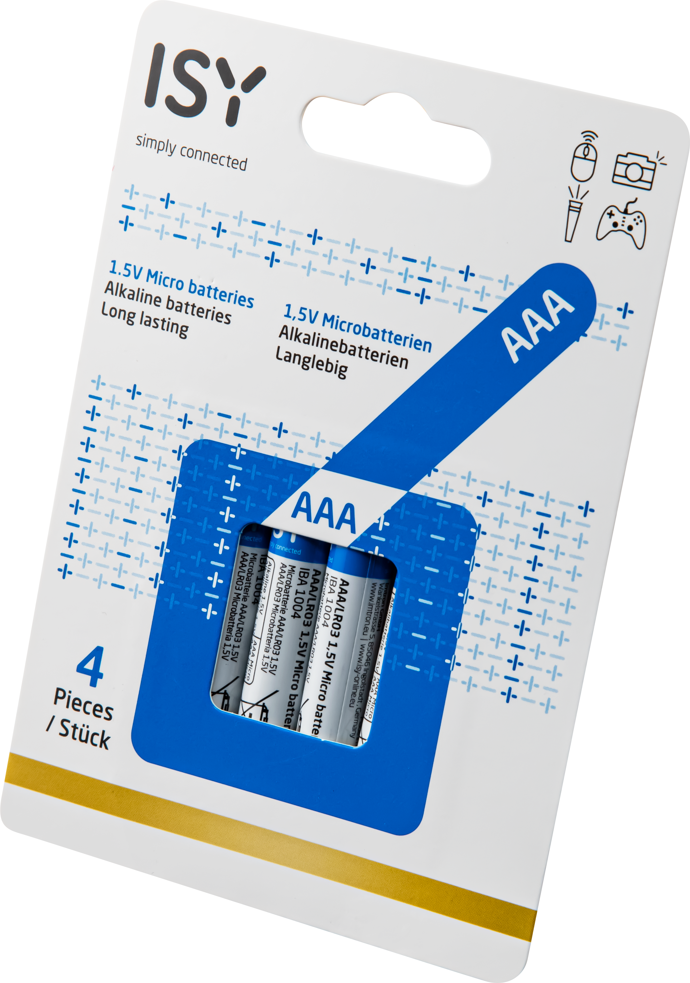 Un emballage de piles AAA avec un design bleu et blanc, montrant les piles, sur fond blanc.