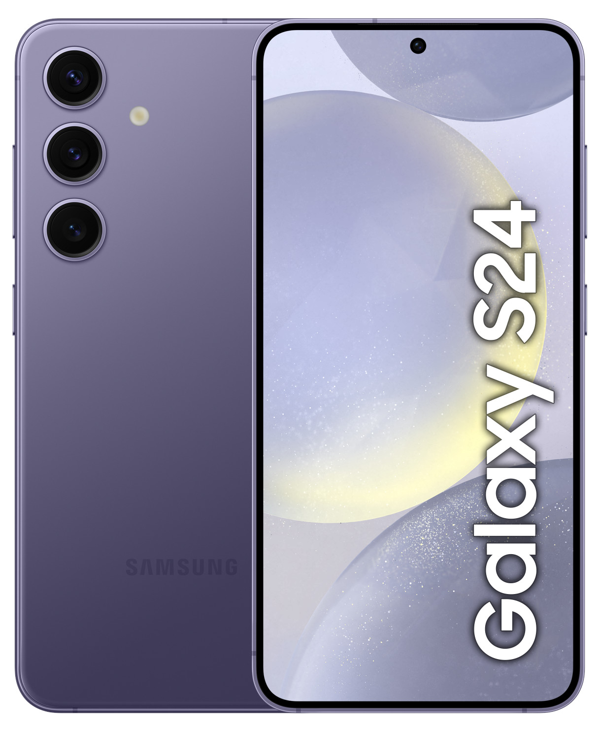 Telefon Samsung Galaxy S24, fioletowy, przód i tył. Tekst S24 na ekranie.