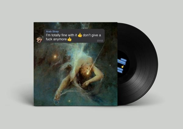 Albumcover mit surrealem Bild und Textblase mit Botschaft und schwarzer Schallplatte.