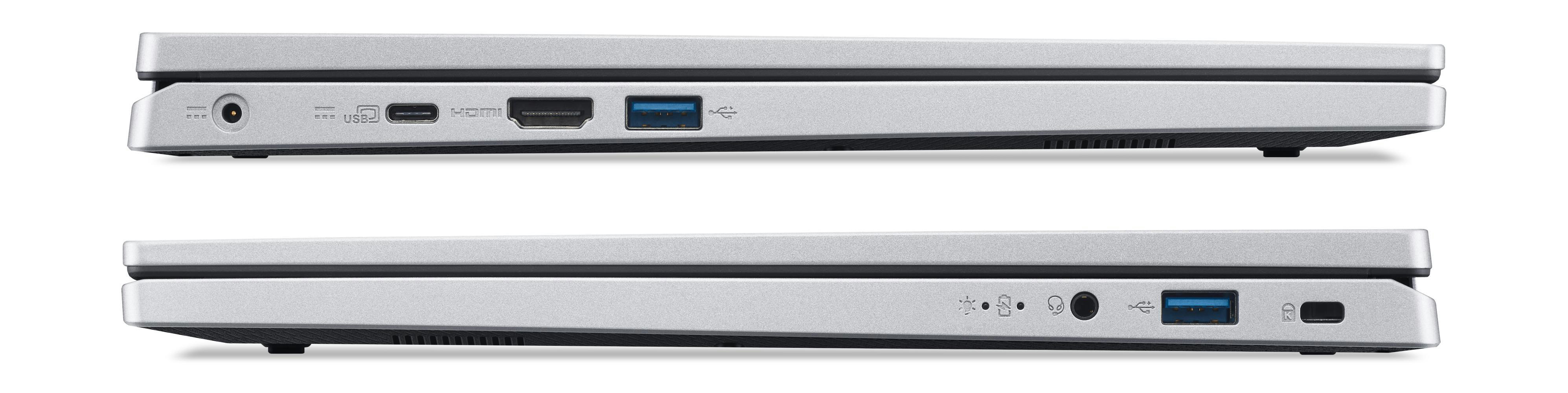 Zwei Seitenansichten eines silbernen Laptops, die Anschlüsse und einen Stromeingang zeigen.