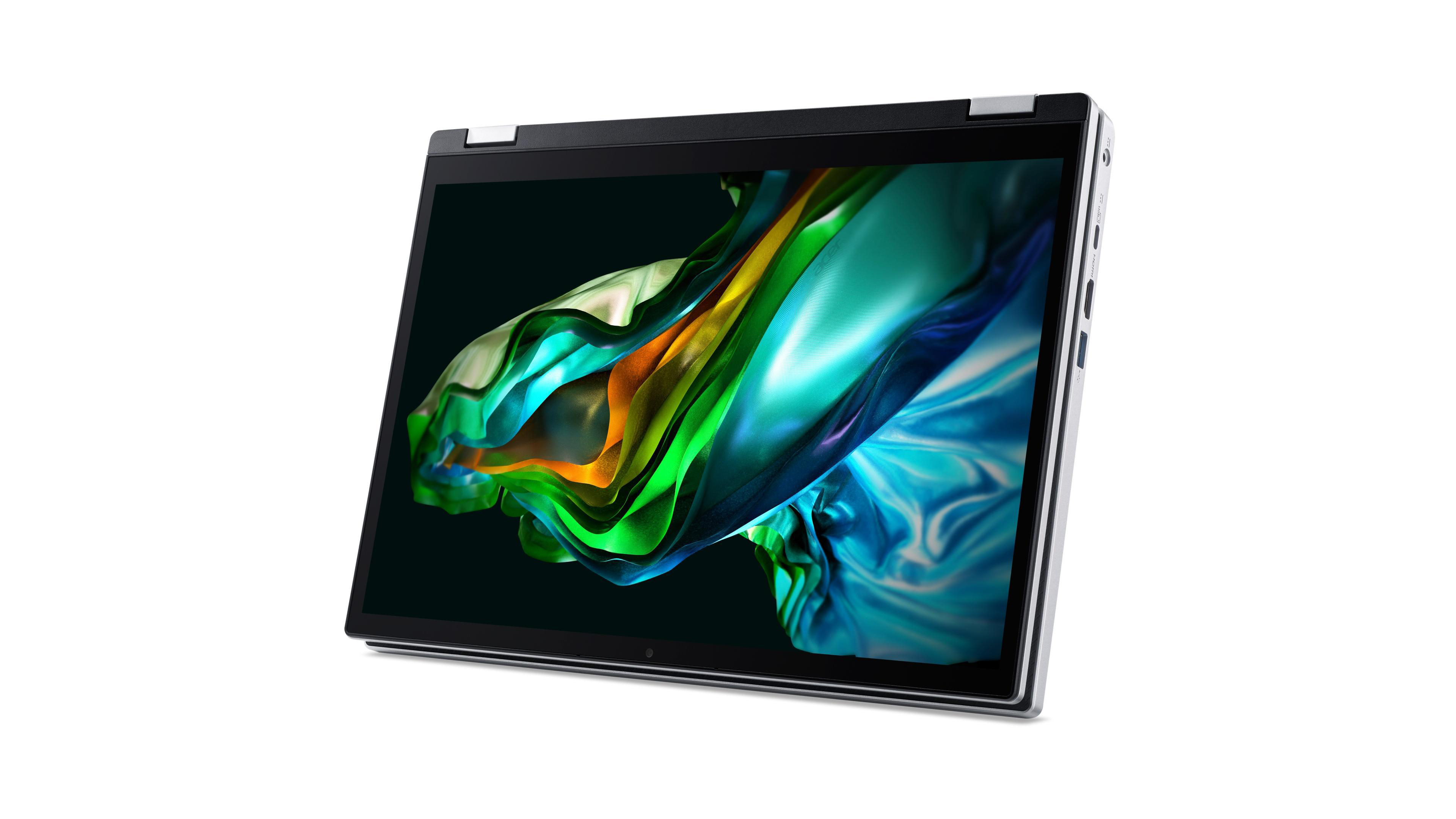 Ein Convertible-Laptop mit angewinkeltem Bildschirm. Der Bildschirm zeigt ein farbenfrohes, abstraktes Design.