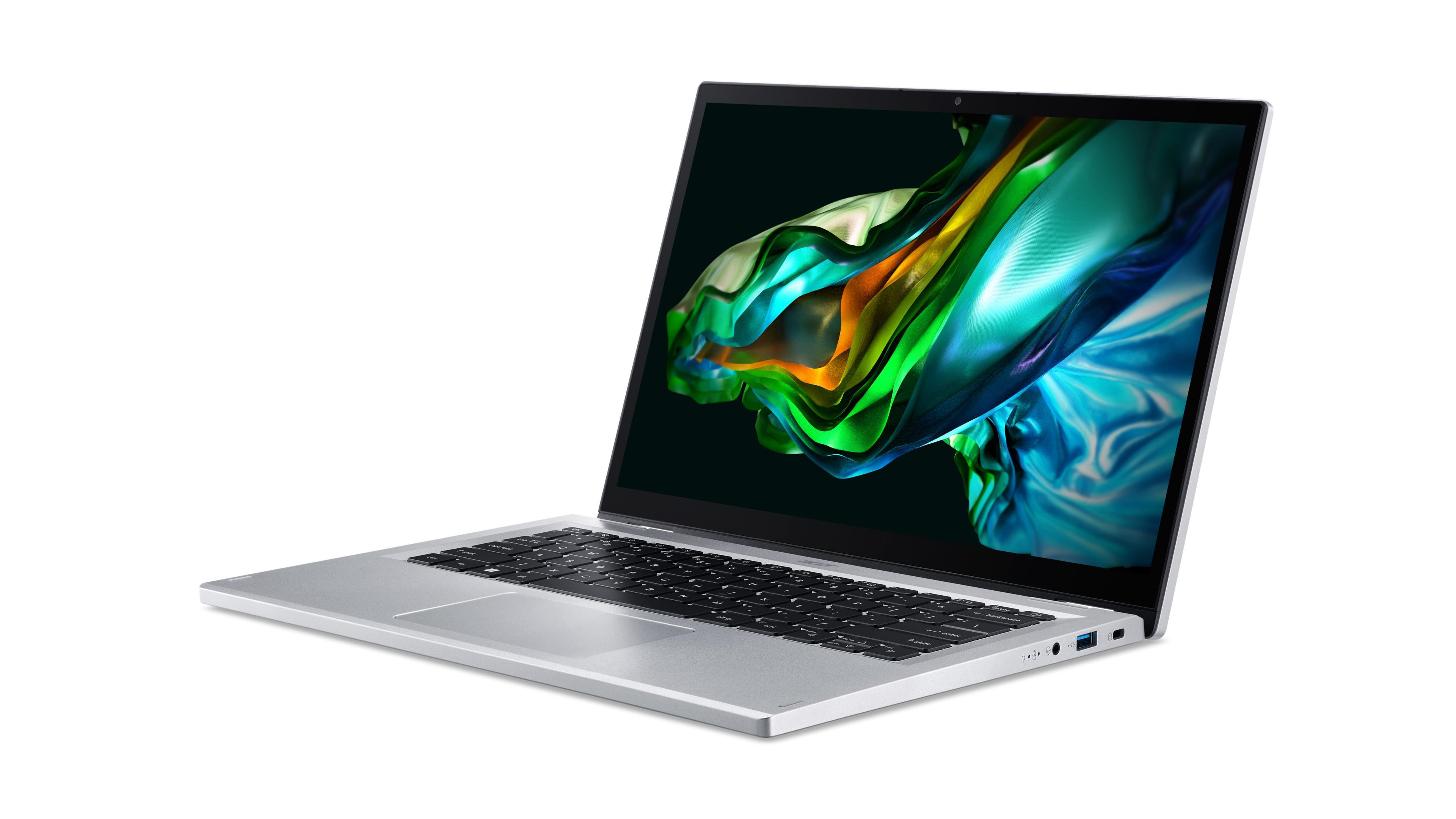 Laptop auf weißem Hintergrund. Der Bildschirm ist geöffnet und zeigt ein abstraktes Bild. Der Laptop ist silberfarben.