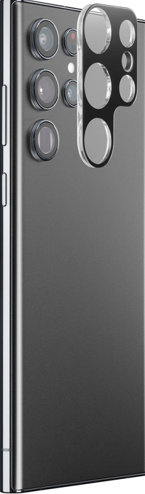 Un téléphone avec des lentilles de caméra et une coque transparente à l'arrière.