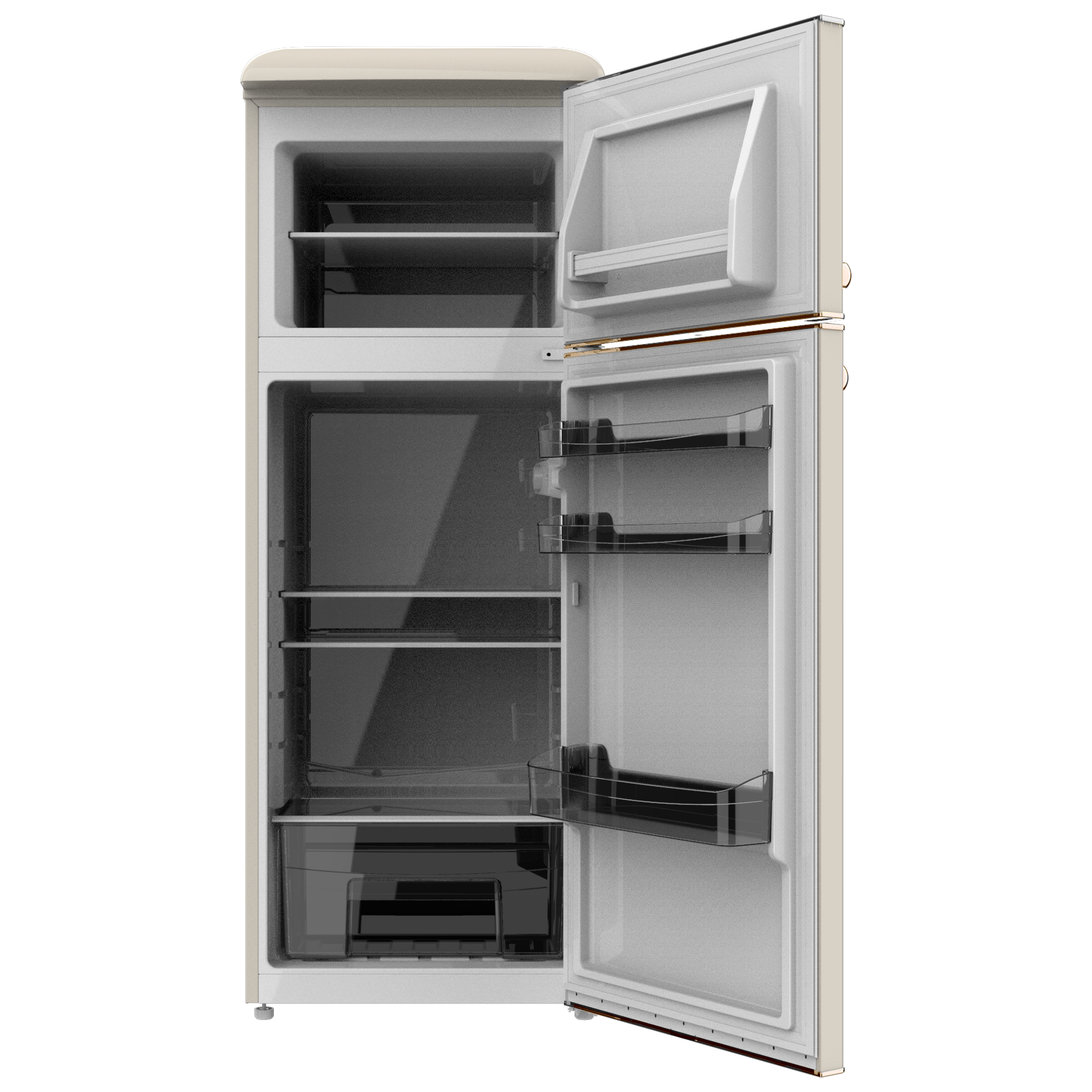 Un refrigerador abierto con estantes y cajones, en su mayoría vacíos.