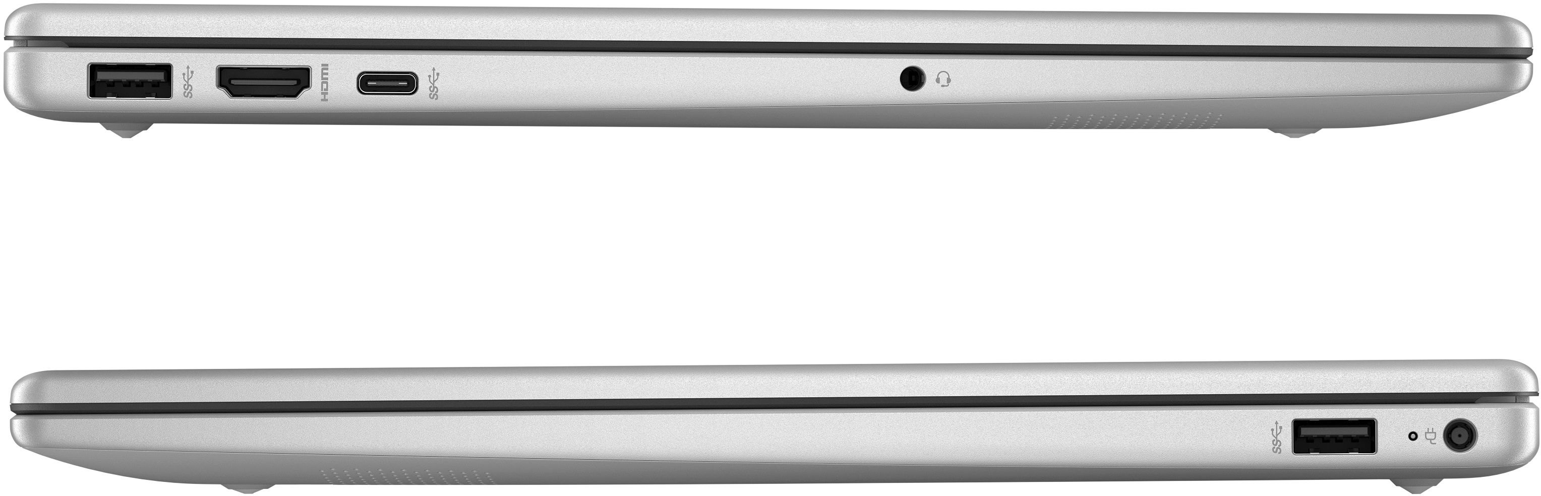 Seitenansicht von zwei silbernen Laptops. Anschlüsse sind sichtbar. Oberer Laptop ist geöffnet, unterer geschlossen.