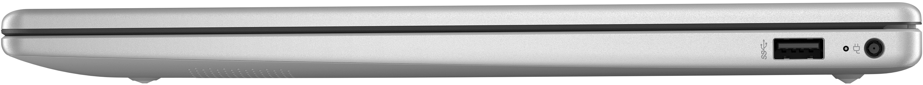 Seitenansicht eines silbernen Laptops, Anschlüsse und eine kleine Erhebung.
