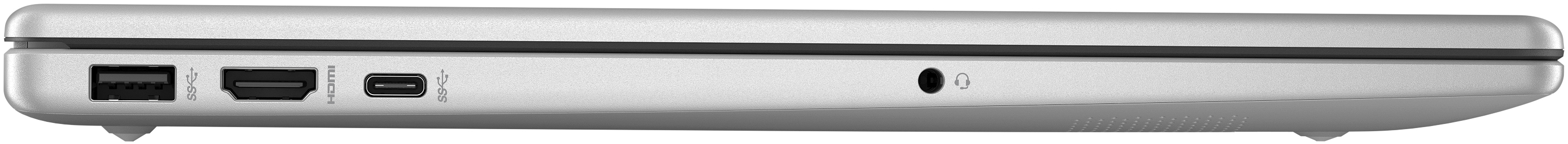 Laptop-Seitenprofil mit USB, HDMI und Kopfhöreranschluss.