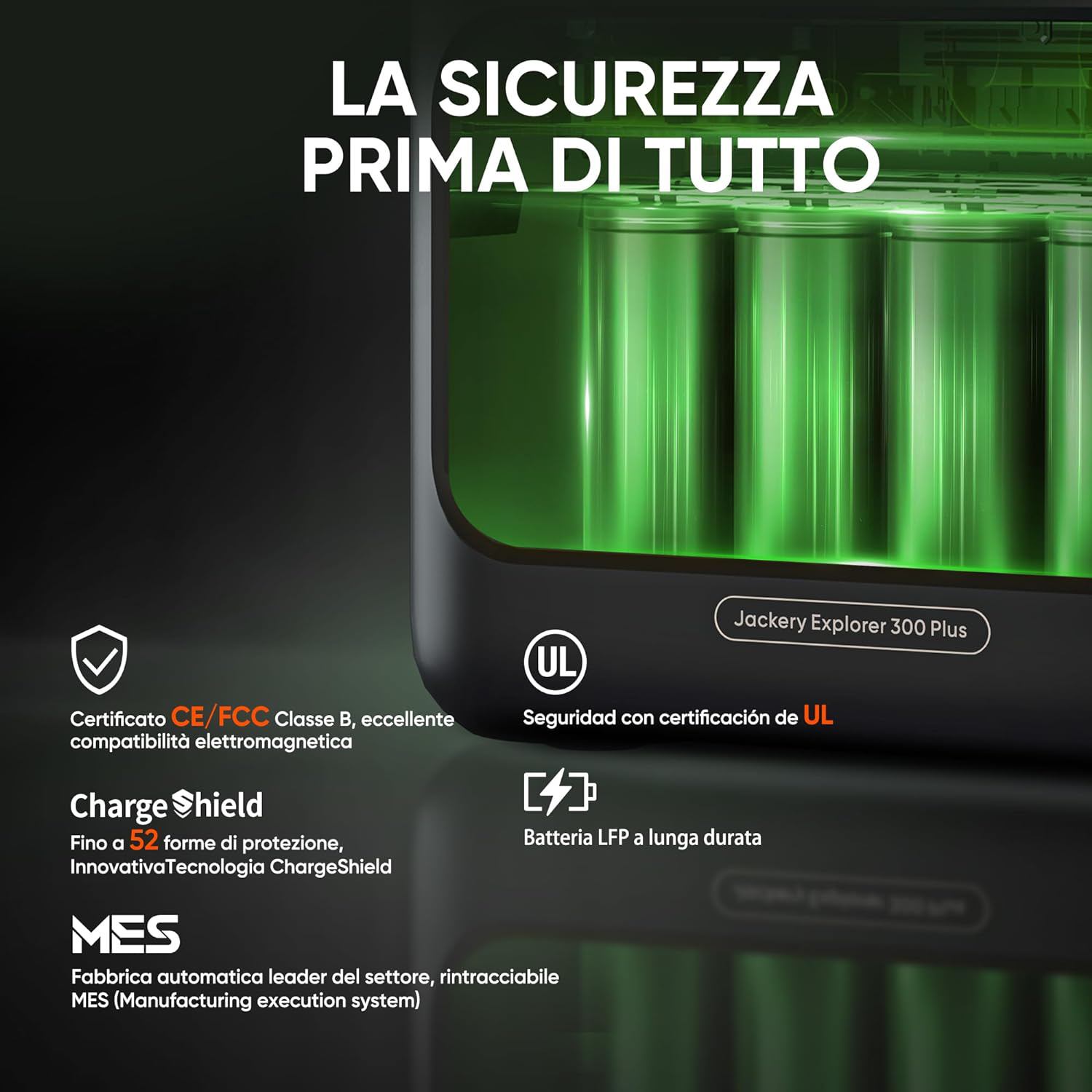 Caricatore portatile nero con luci verdi. Testo descrive sicurezza e certificazioni.