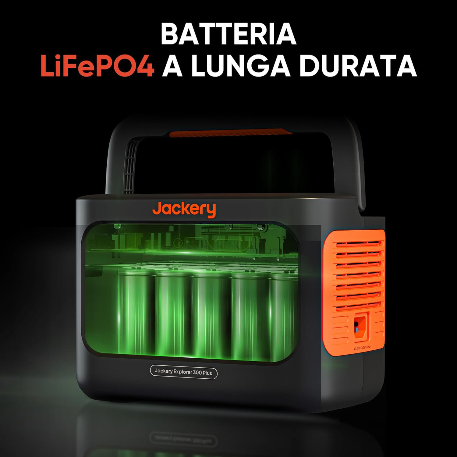 Una centrale elettrica Jackery Explorer 300 Plus nera e arancione con celle della batteria verdi visibili.