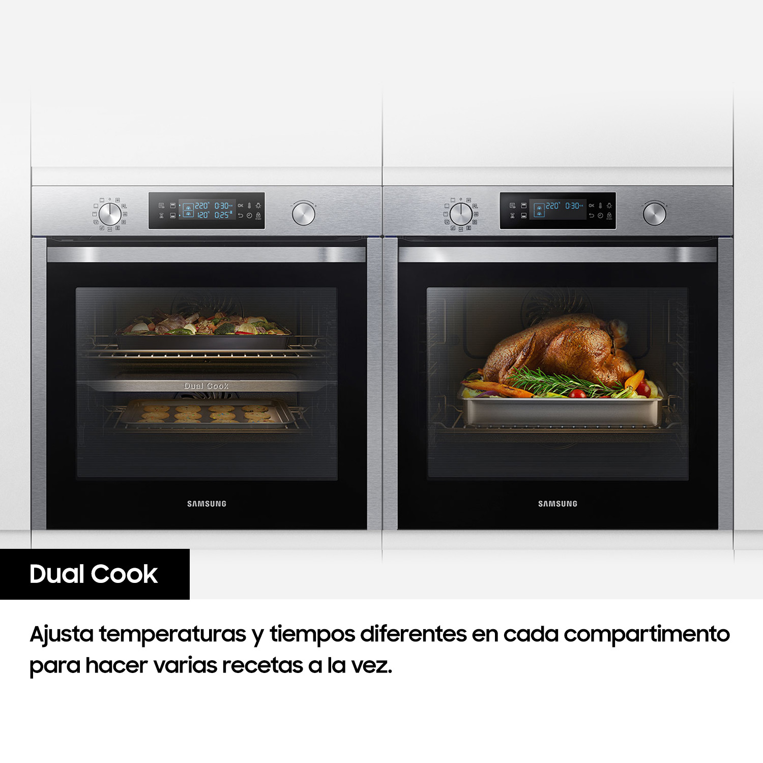 Hornos de doble cocción con pollo asado y galletas, texto abajo: Dual Cook.