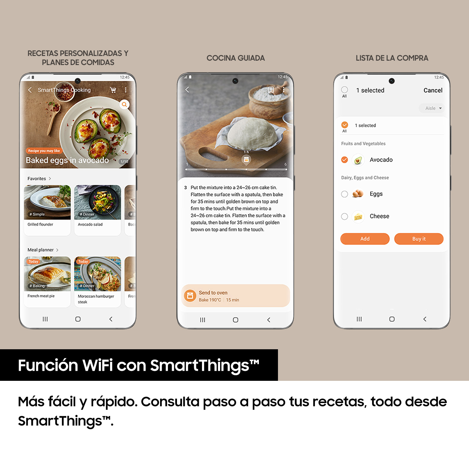 Tres pantallas de teléfono que muestran interfaces de aplicaciones de cocina, con recetas, pasos y funciones de lista de compras.