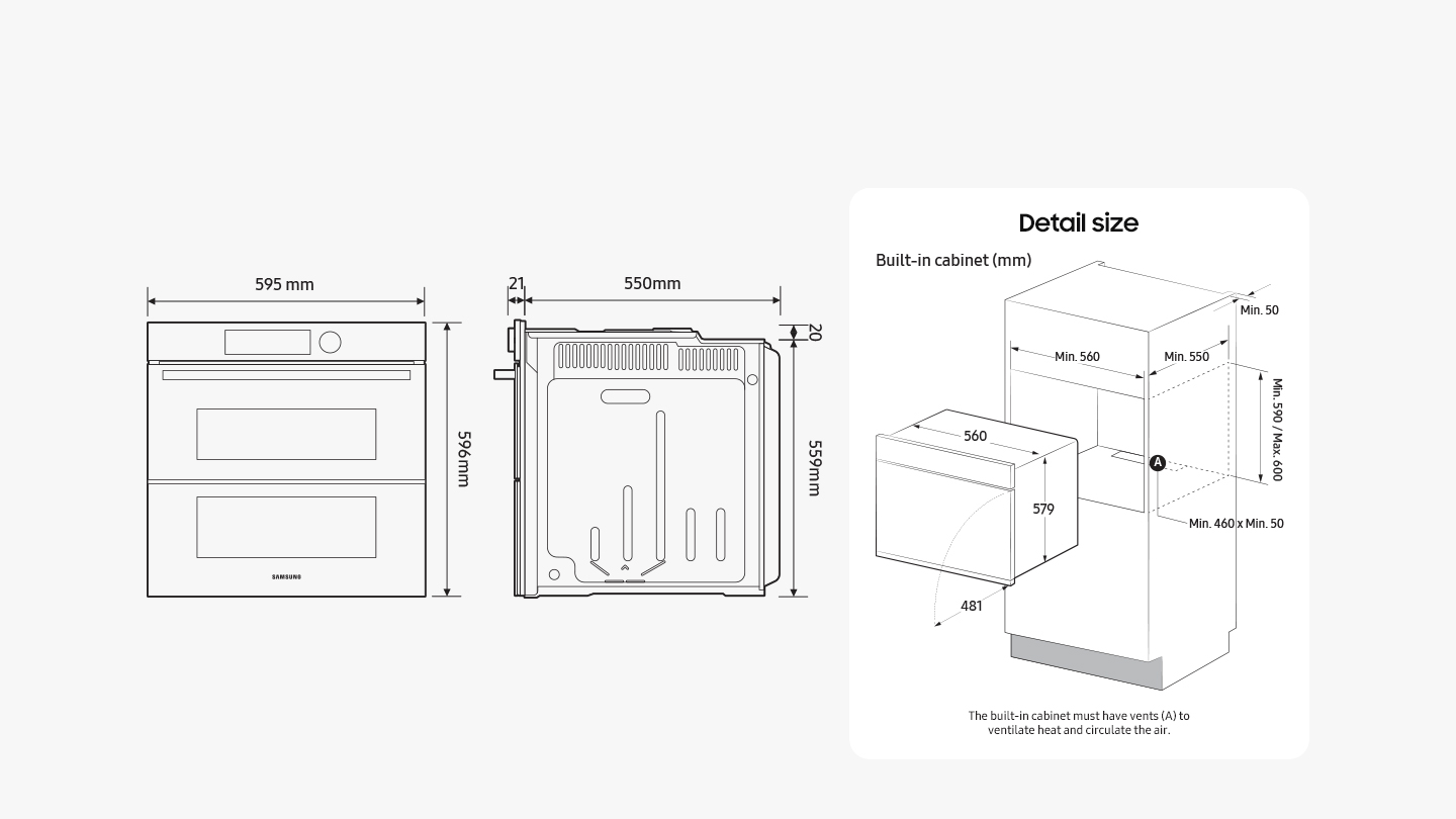 Diagrama de un horno empotrado mostrando dimensiones y especificaciones de instalación para un mueble de cocina.