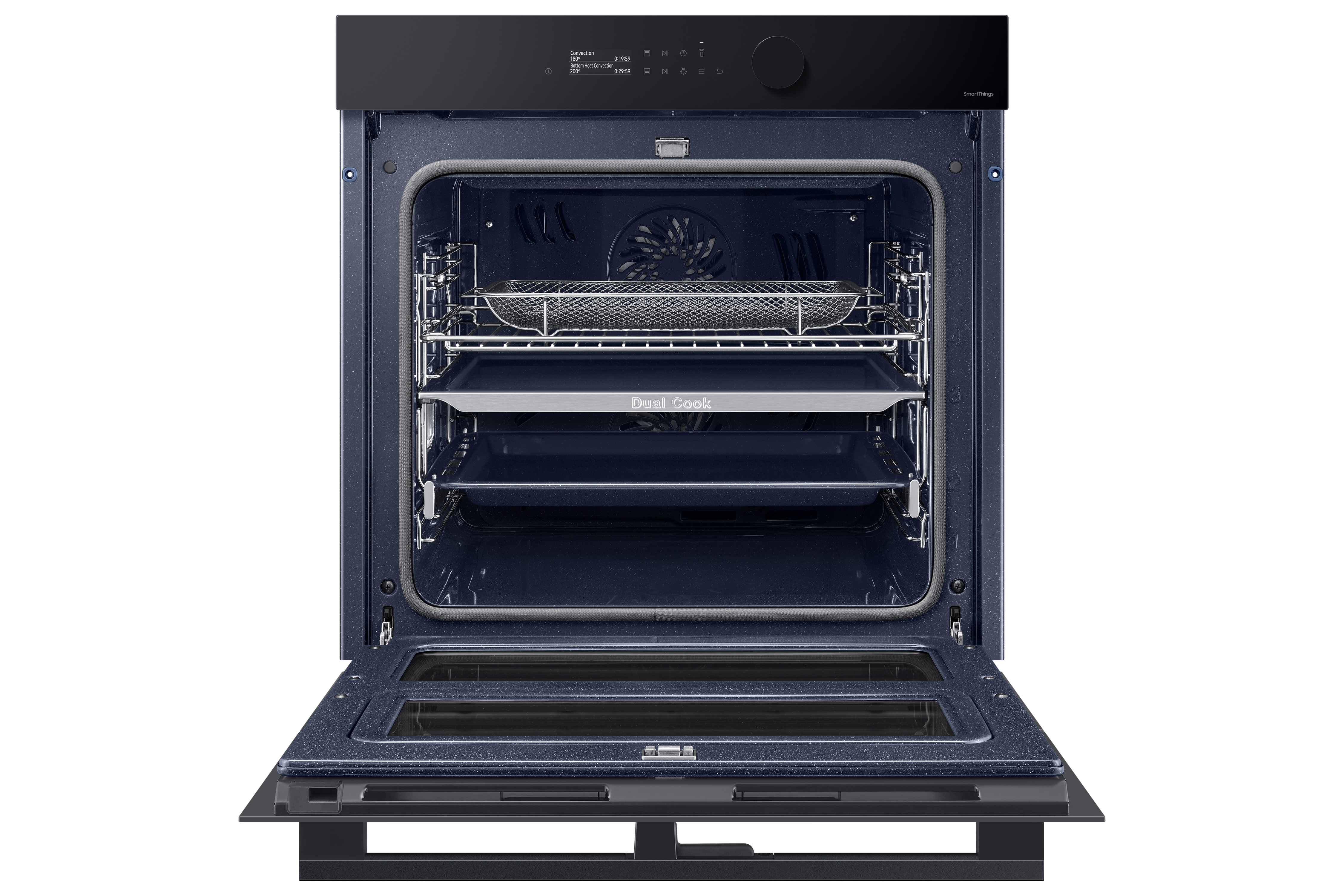 Un horno abierto con 3 rejillas. Un panel de visualización superior está encima. El interior es azul.