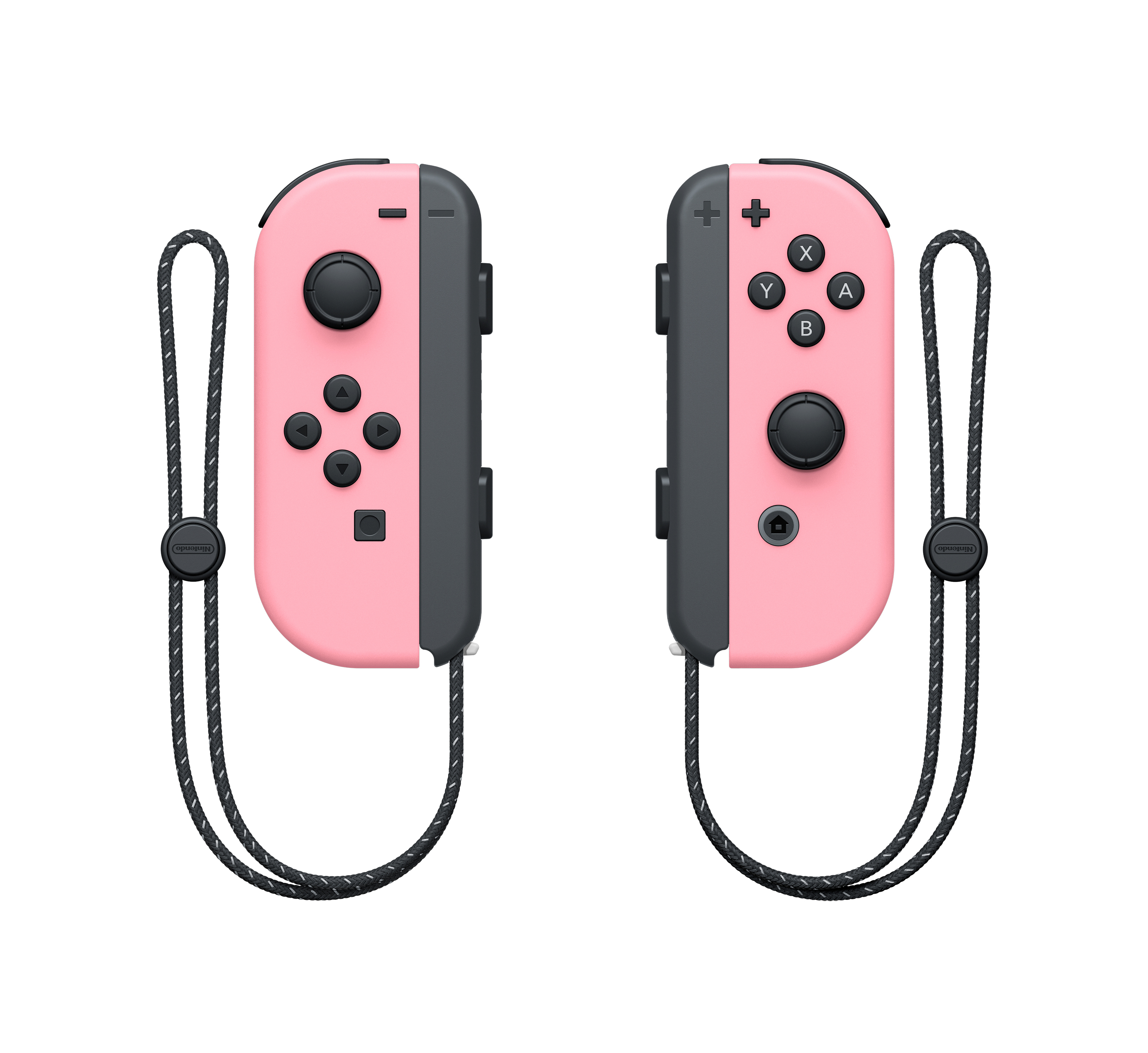 Zwei pinkfarbene Nintendo Switch Joy-Con-Controller mit schwarzen Schlaufen.
