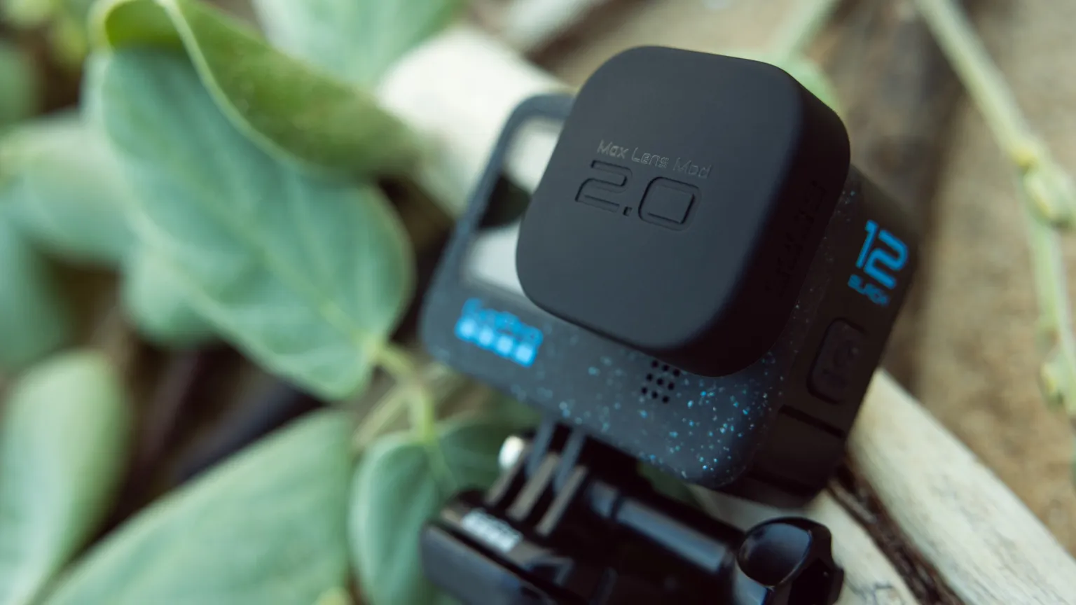 Schwarze GoPro-Kamera mit Objektivabdeckung, umgeben von grünen Blättern.