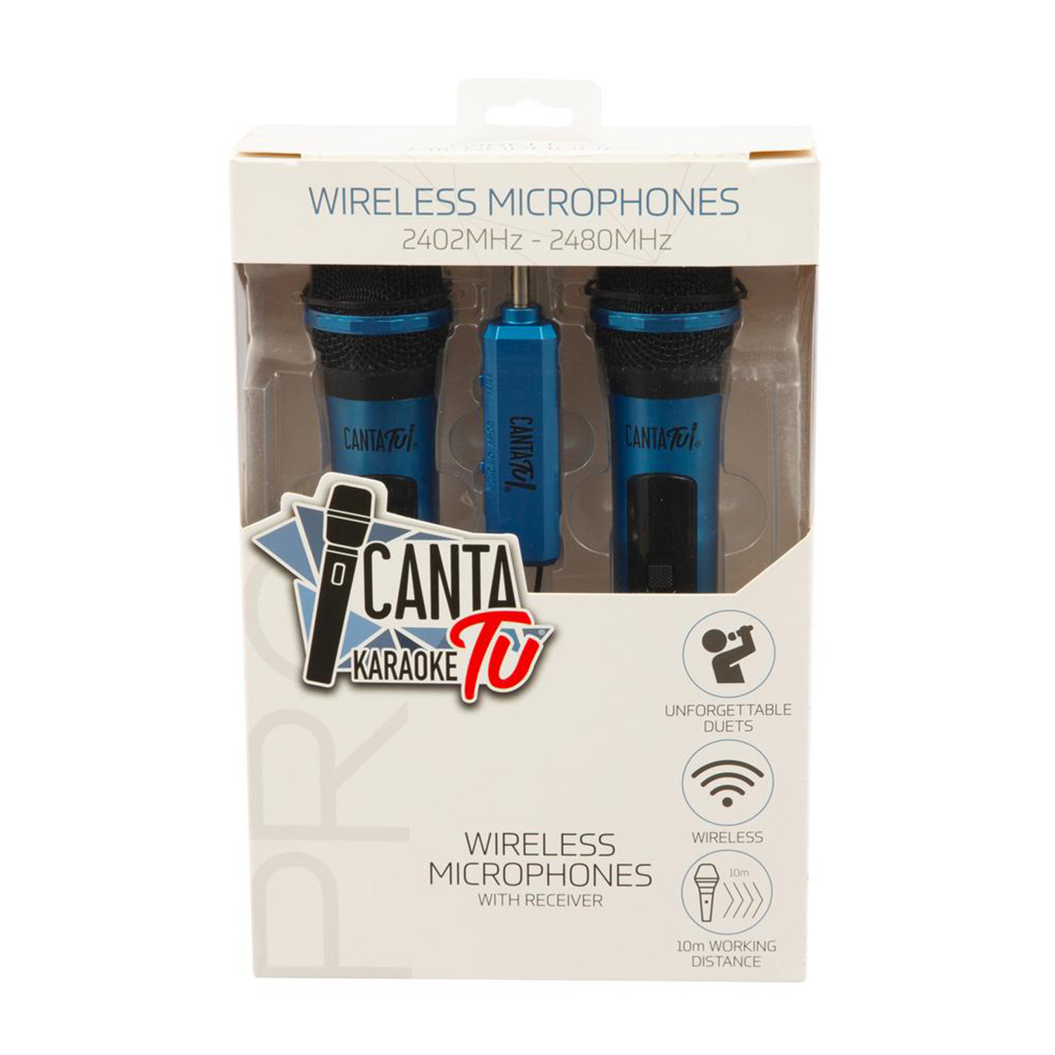 Due microfoni blu e un ricevitore in una scatola. La scatola ha il marchio Canta Karaoke TV.