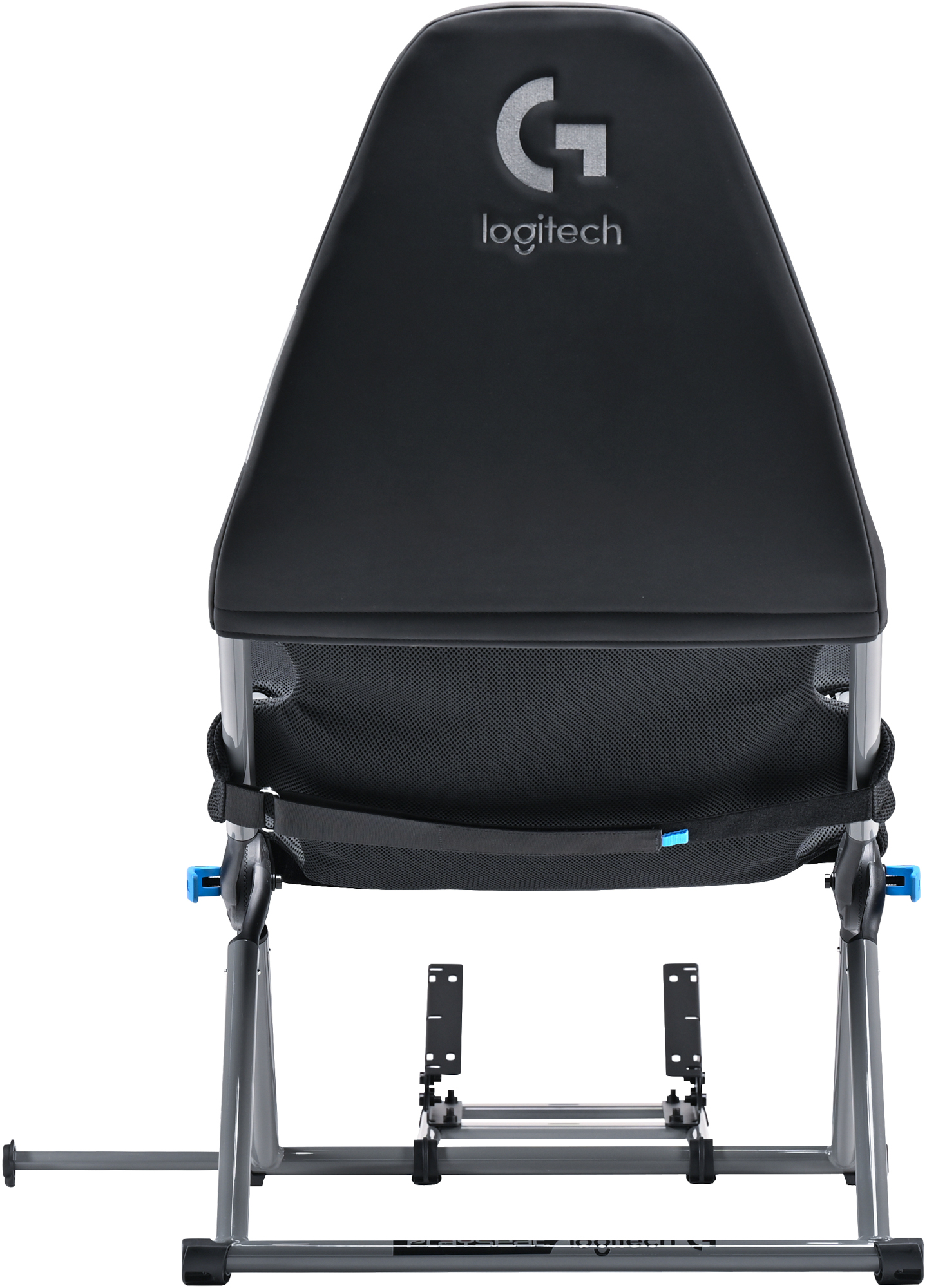 Egy fekete gamer szék hátrésze, hálóval, Logitech logóval és kék díszítéssel.