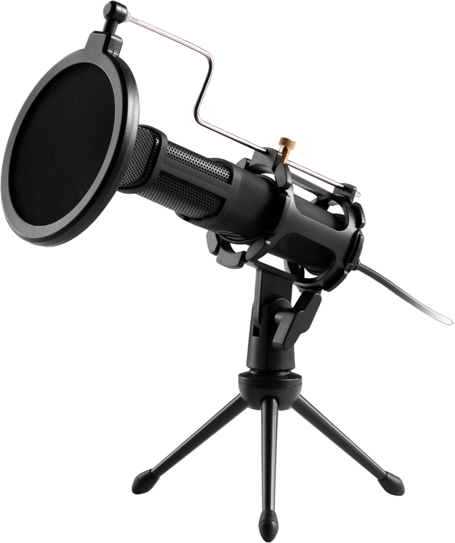 Schwarzes Mikrofon mit Pop-Filter auf Ständer vor schwarzem Hintergrund.