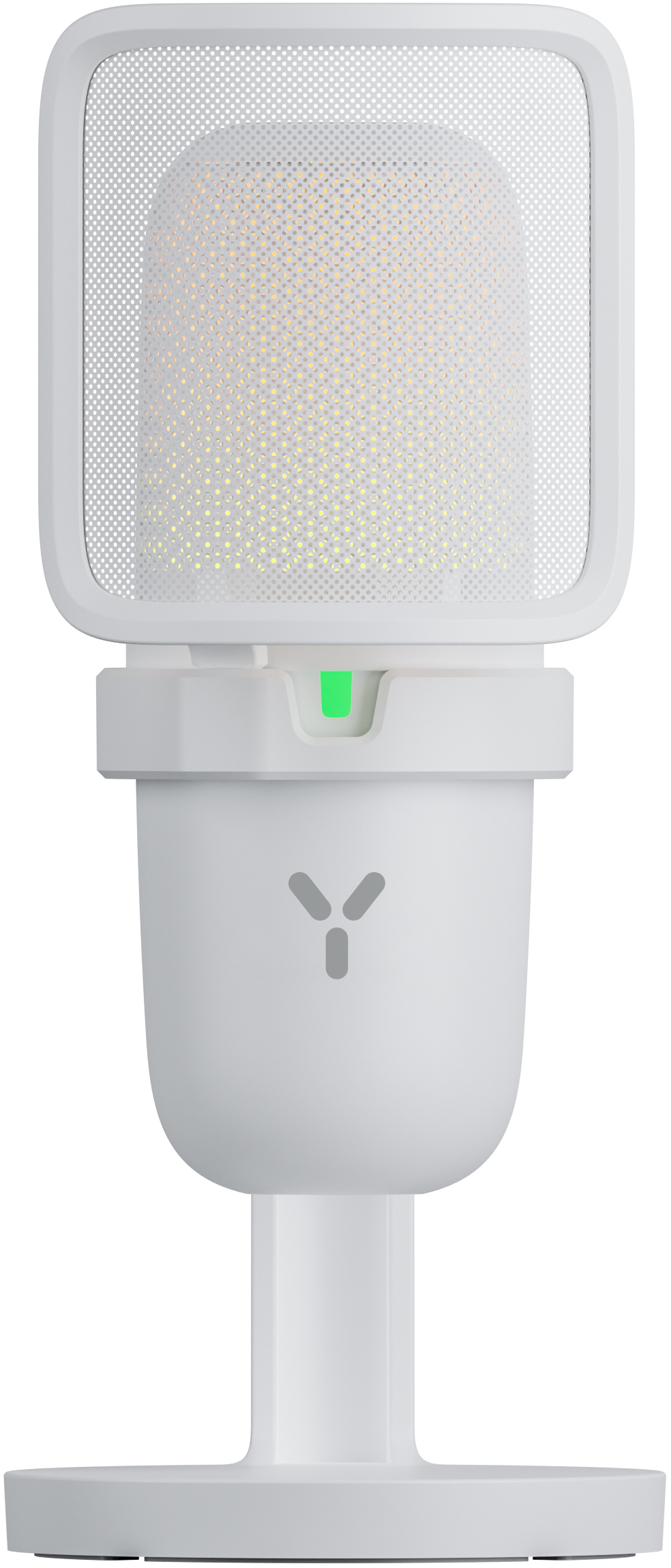 Weißes Mikrofon mit Mesh-Oberteil, grünem Licht und Ständer. Modernes, schlankes Design.