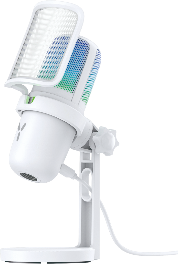 Weißes Mikrofon mit Pop-Filter und Ständer. Es hat bunte Lichter im Grill.