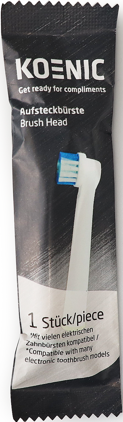 Zahnbürstenkopf in Verpackung, weiß mit blauen und grünen Borsten, Text auf Deutsch.
