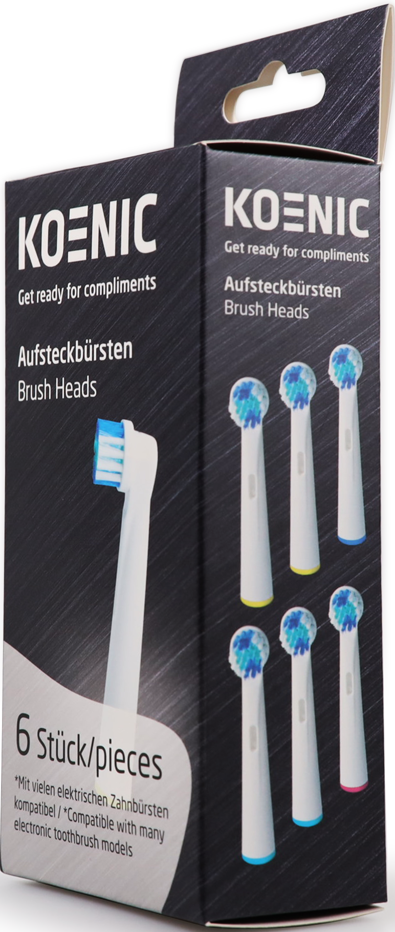 Packung mit Zahnbürstenköpfen. Sechs Zahnbürstenköpfe sind sichtbar, mit blauen und rosa Akzenten.