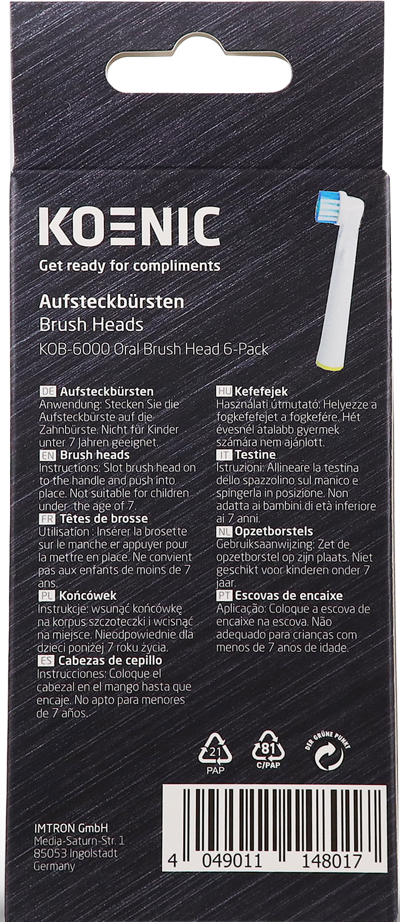 Die Rückseite einer Koenic Zahnbürstenkopfverpackung. Weißer Zahnbürstenkopf sichtbar.