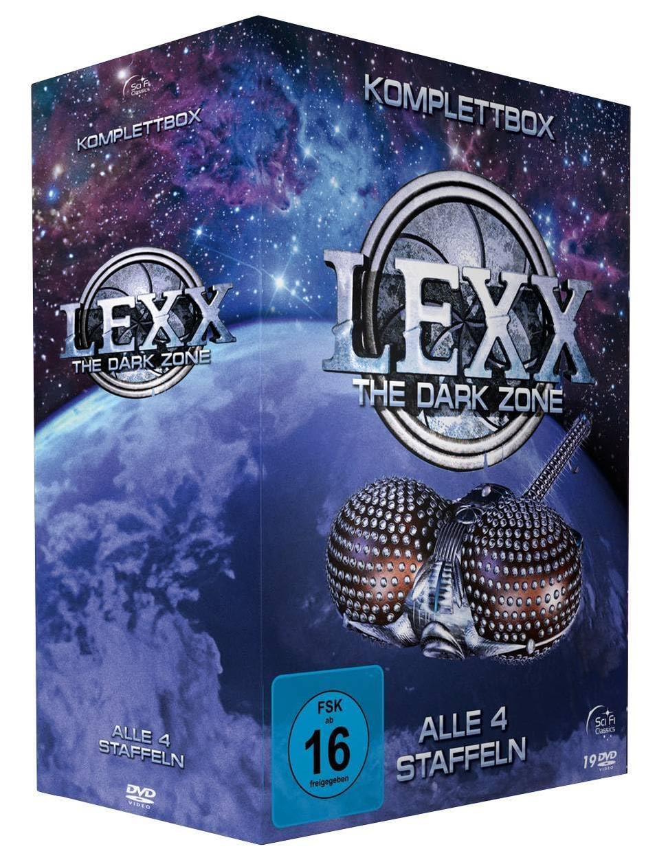 Box-Set mit dem Titel "LEXX THE DARK ZONE" auf blau-violettem Hintergrund.