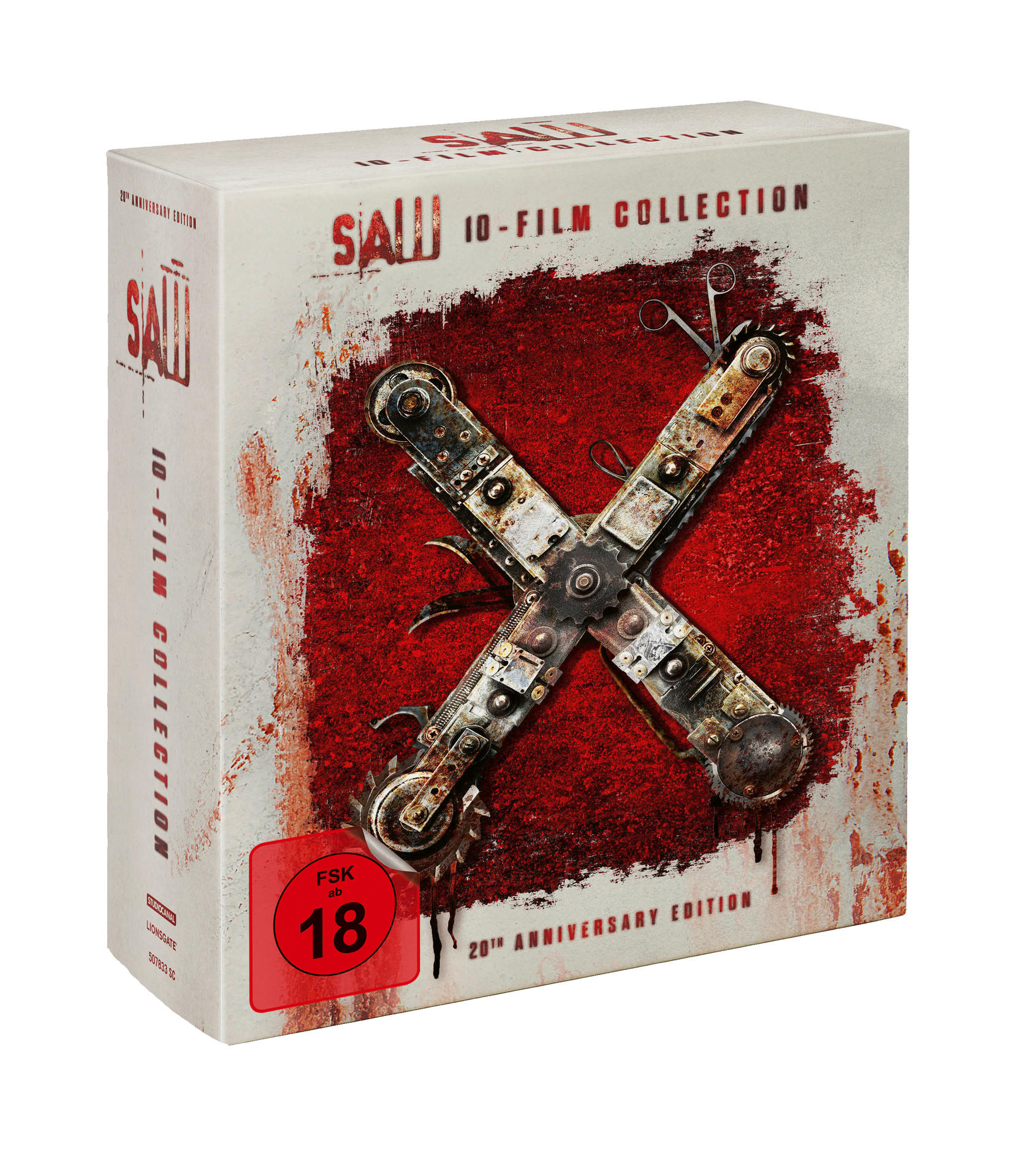 Saw X 10-Film-Collection-Box mit rotem und weißem Farbschema. Das Cover zeigt ein Sägeblatt.