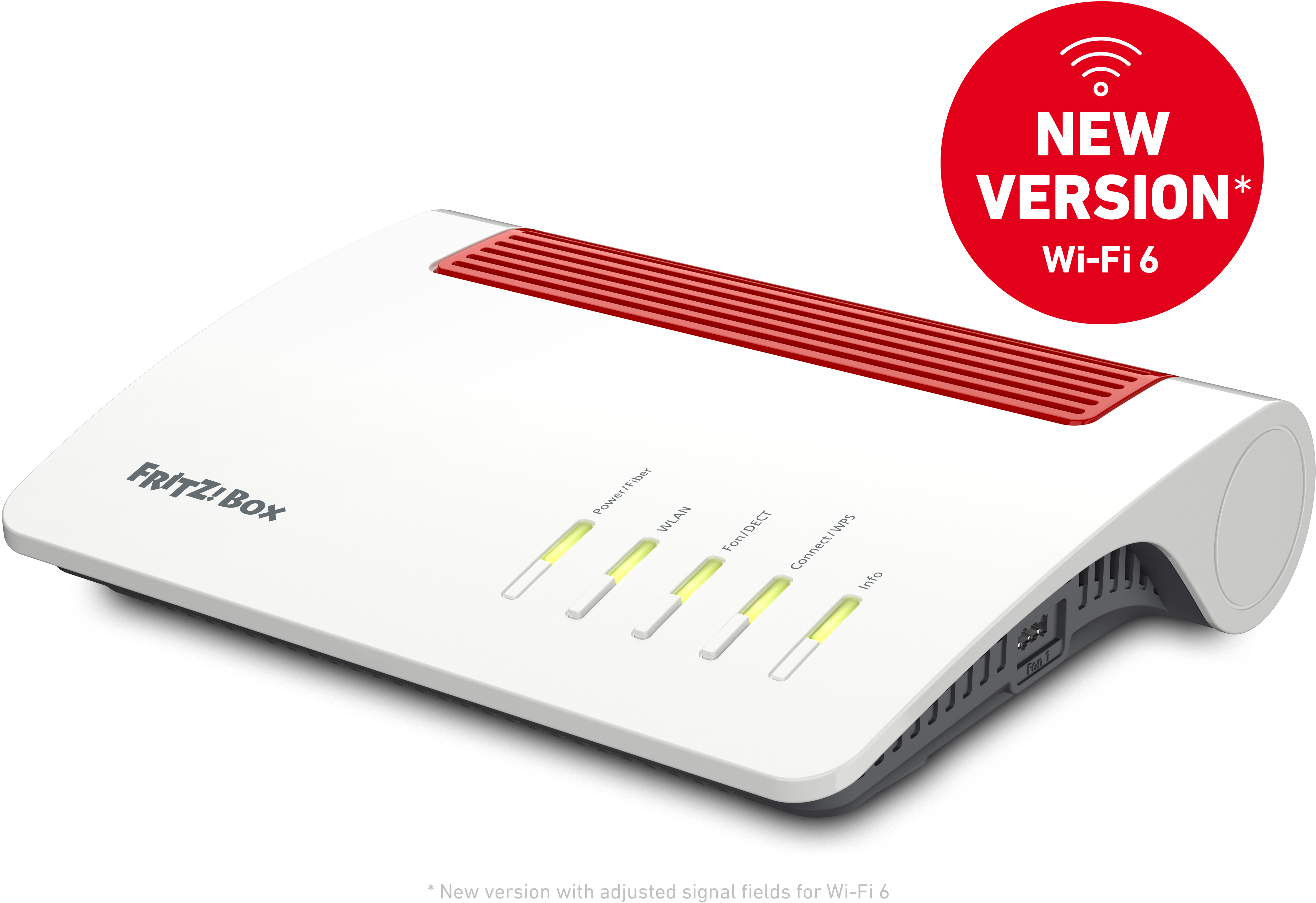 Router bianco con dettagli rossi e adesivo 'Nuova Versione' rosso. Sfondo bianco.