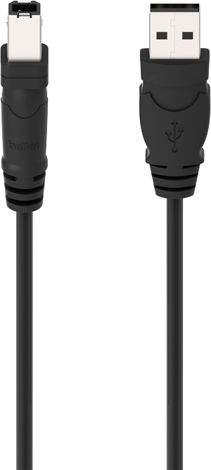 Egy fekete Belkin USB-kábel USB és FireWire csatlakozókkal.