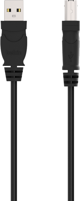 Egy fekete USB kábel USB-A és USB-B csatlakozókkal, fehér háttéren.