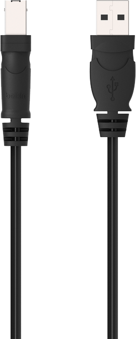 Két fekete USB-kábel. Az egyik USB-A csatlakozóval, a másik USB-C csatlakozóval. Mindkettőn Belkin logó látható.