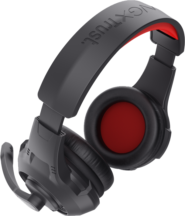 Fekete és piros gamer headset mikrofonnal. A márkanév a fejpánton látható.