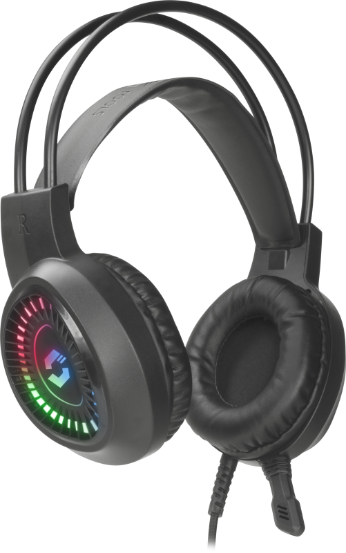 Fekete gamer fejhallgató RGB világítással.