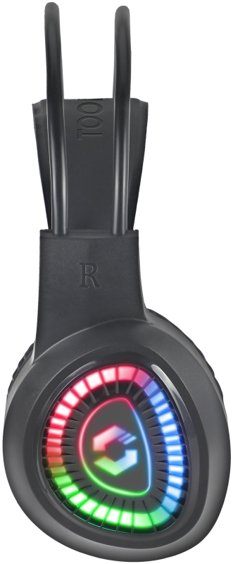 Fekete gamer headset RGB fényekkel és 'R' betűvel. A márka logója látható.
