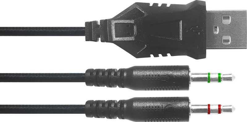 Fekete USB kábel egy USB csatlakozóval és két audio jack csatlakozóval.