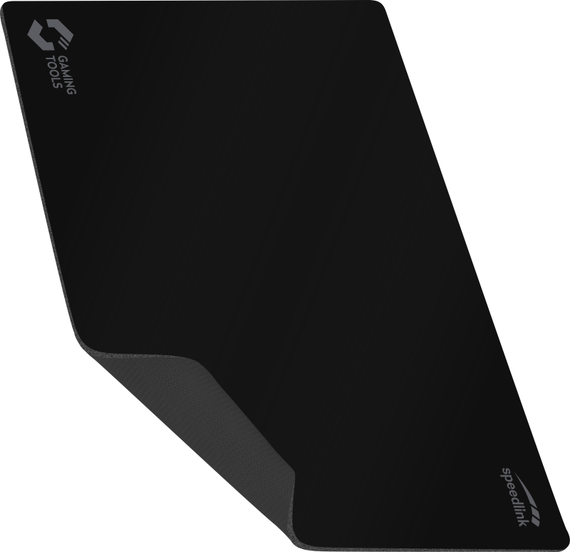 Fekete gaming egérpad szürke alappal. A pad téglalap alakú, és szöveg van rajta.