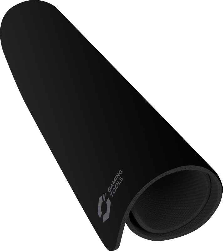 Egy feltekert fekete gamer egérpad fehér Gaming Tools felirattal.